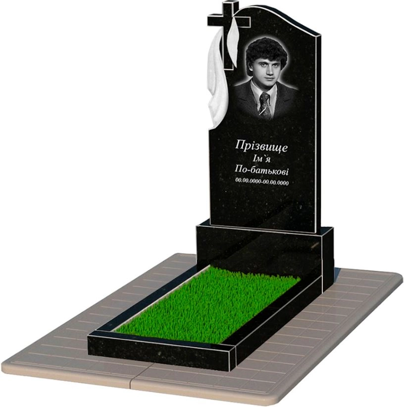 Основное Памятник из гранита черный Коростышев одинарный с крестом и плащаницей резной к2-kor-npf-120-60-08-142-pbd3