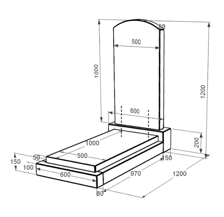 Розміри Гранітний пам'ятник на могилу одинарний із чорного граніту Коростишів з дугою різьблений к12-kor-pf-100-50-08-009