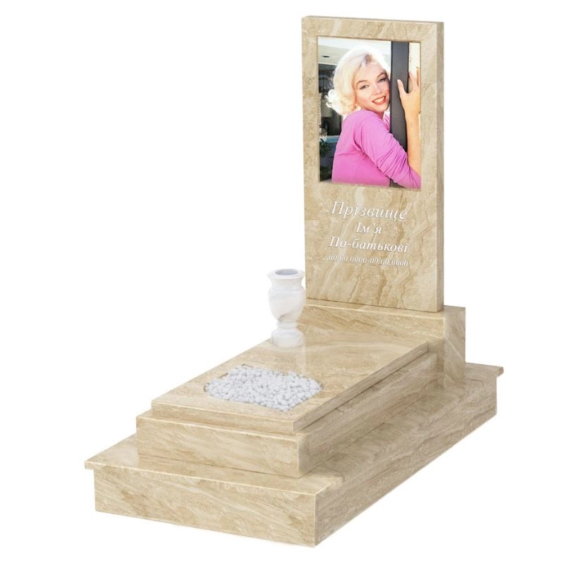 Основне Мармуровий пам'ятник низький одинарний з бежевого мармуру Дайна з листом різьблена робота к13-dan-pf-80-40-05-001-ck