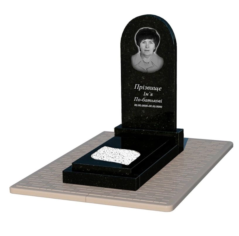 Основное Гранитный памятник с декорированием белой галькой одинарный из черного гранита Коростышев с листом резная работа к13-kor-pf-100-50-08-006-pbd2