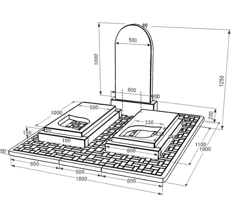 Розміри Надгробок із граніту із неполірованими фасками подвійний із чорного граніту Коростишів з листом різьблена робота к22-kor-npf-100-50-08-006-pbd2