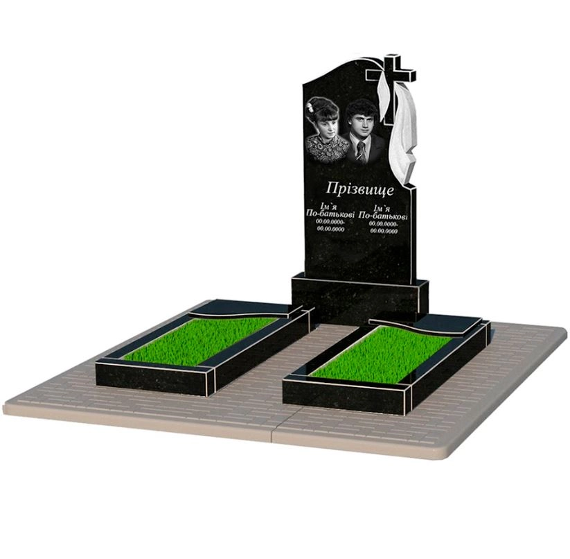 Основне Гранітний пам'ятник для родини подвійний із чорного граніту Коростишів з хвилею різьблений к16-kor-npf-100-50-08-142-r-pbd2