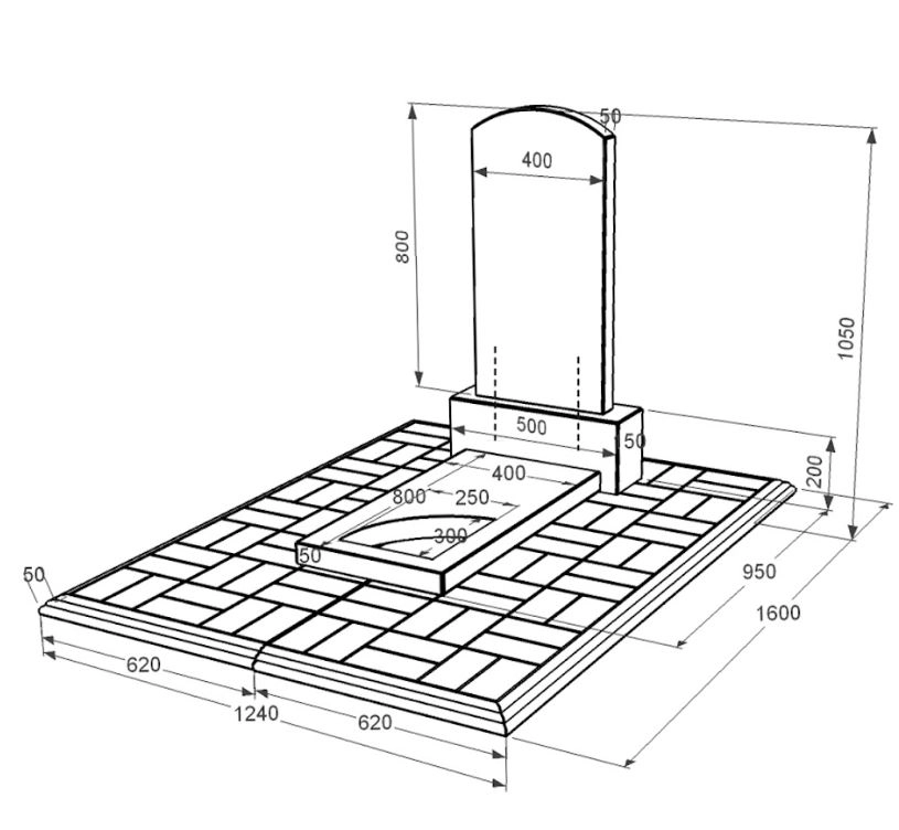 Розміри Пам'ятник із граніту з протиусадковою плитою одинарний із чорного граніту Коростишів з вирізаним куточком к9-kor-npf-80-40-05-009-pbd1