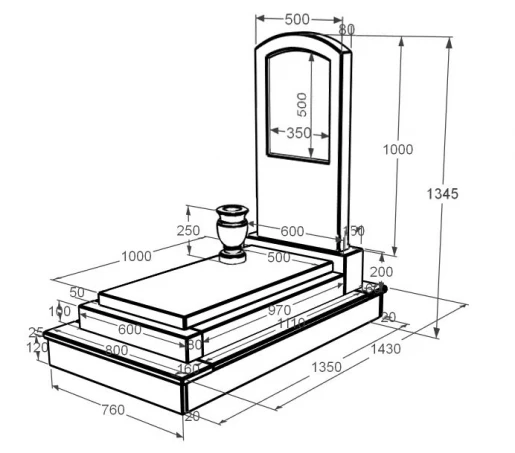Розміри Пам'ятник із мармуру на кладовище одинарний з білого мармуру Волокас з дугою різьблений к12-vol-pf-100-50-08-009-ck
