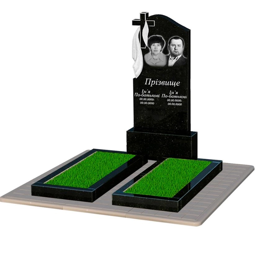 Основне Гранітний пам'ятник подружжю подвійний із чорного граніту Коростишів з хрестом та плащаницею різьблений к14-kor-pf-120-60-08-142-pbd3