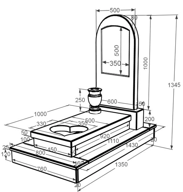 Розміри Мармуровий пам'ятник з серцем різьблена робота одинарний з білого мармуру Волокас з полукруглою стелою к11-vol-pf-100-50-08-006-ck