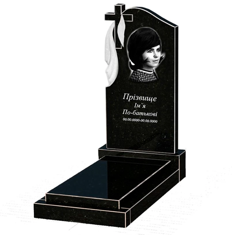 Основне Гранітний пам'ятник з хрестом різьблена робота одинарний із чорного граніту Коростишів з плащаницею різьблений к12-kor-npf-100-50-08-142
