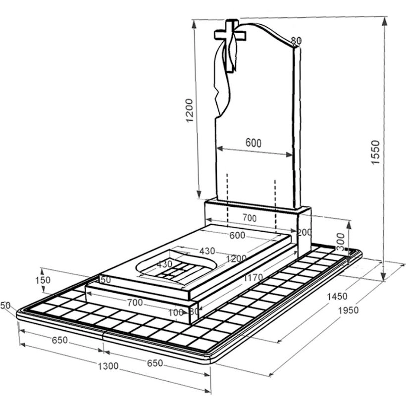 Размеры Гранитный памятник с противоусадочной плитой одинарный из черного гранита Коростышев с листом резная работа к13-kor-npf-120-60-08-142-pbd3