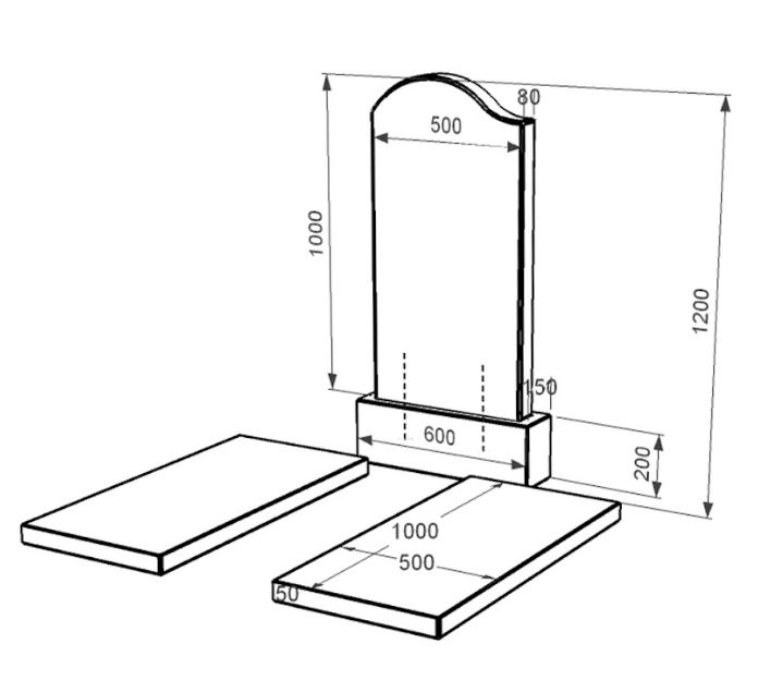 Размеры Гранитный памятник с надгробной плитой двойной из черного гранита Коростышев с волной резной к17-kor-pf-100-50-08-011-l