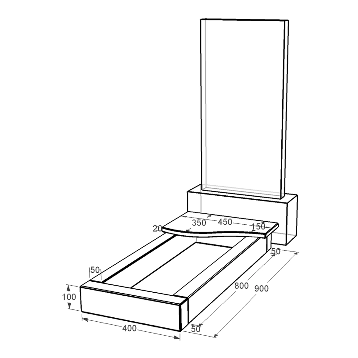 Размеры Цветник на могилу узкого размера 900x400x100 из гранита серия Базис с полированными фасками Коростышевского карьера cv-kor-pf-900-400-4-volna-1-np