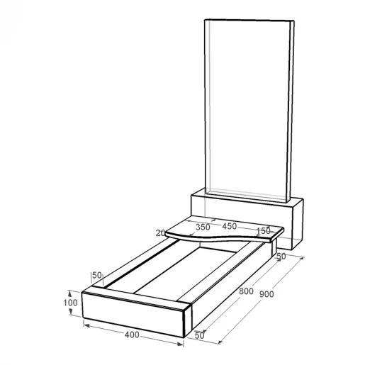 Розміри Квітник на могилу вузького розміру 900x400x100 з граніту серія Базіс з полірованими фасками Коростишівського кар'єру cv-kor-pf-900-400-4-volna-1-np