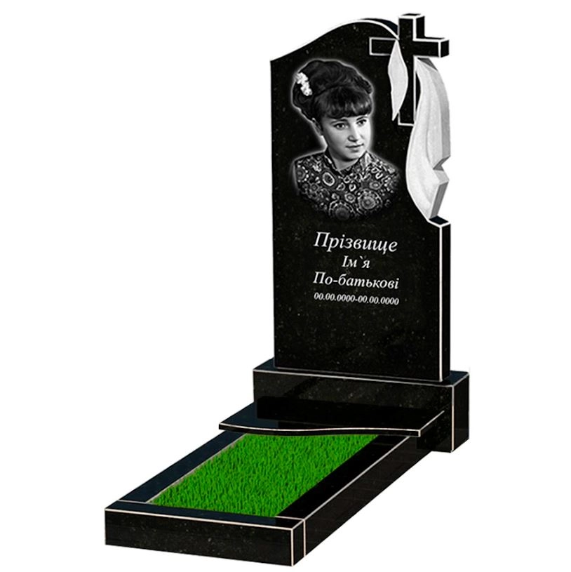 Основне Гранітний пам'ятник висотою 120 см одинарний із чорного граніту Коростишів з хвилею різьблений к3-kor-npf-100-50-08-142-r