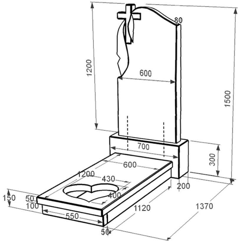 Розміри Гранітний пам'ятник на могилу для матері одинарний із чорного граніту Коростишів з серцем різьблена робота к11-kor-pf-120-60-08-142
