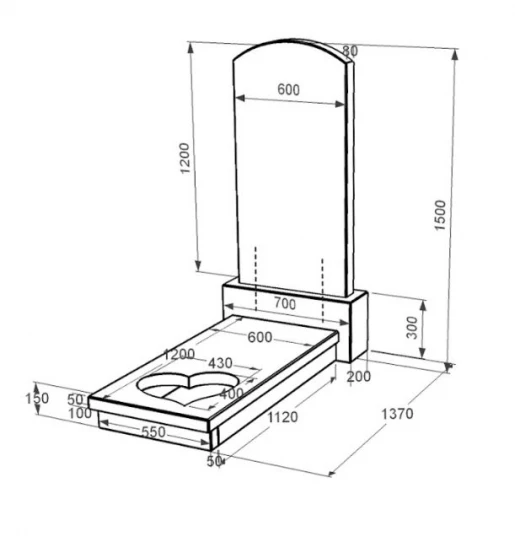 Размеры Надгробие на могилу из гранита с полированными фасками одинарное из черного гранита Коростышев с сердцем резная работа к11-kor-pf-120-60-08-009