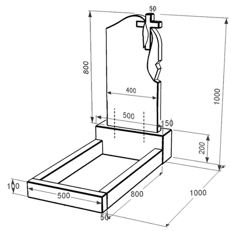 Розміри Гранітний пам'ятник фігурний одинарний із чорного граніту Коростишів з хрестом та плащаницею різьблений к2-kor-pf-80-40-05-142-r