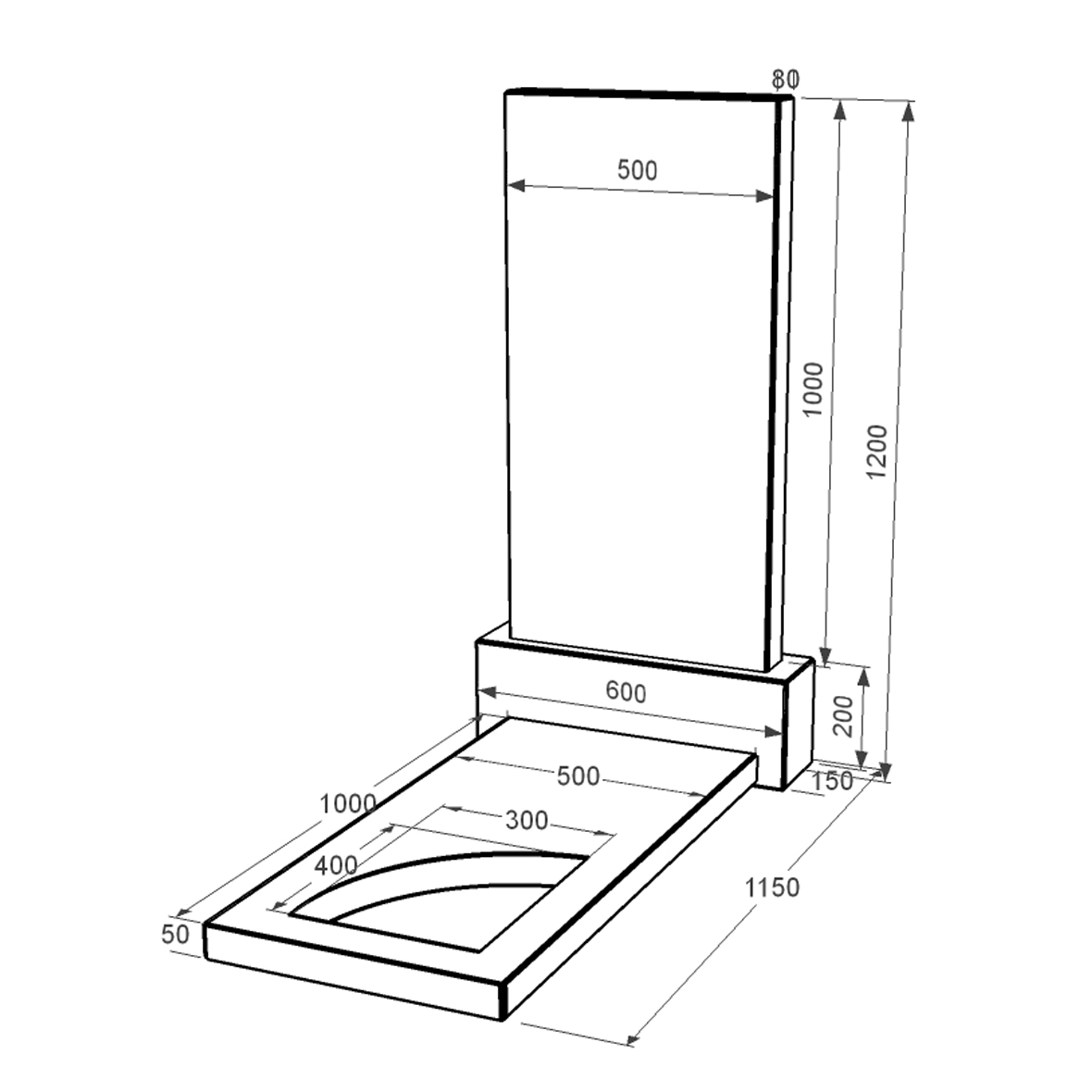 Розміри Гранітний пам'ятник з одним надгробком одинарний із чорного граніту Коростишів з вирізаним куточком к9-kor-npf-100-50-08-001