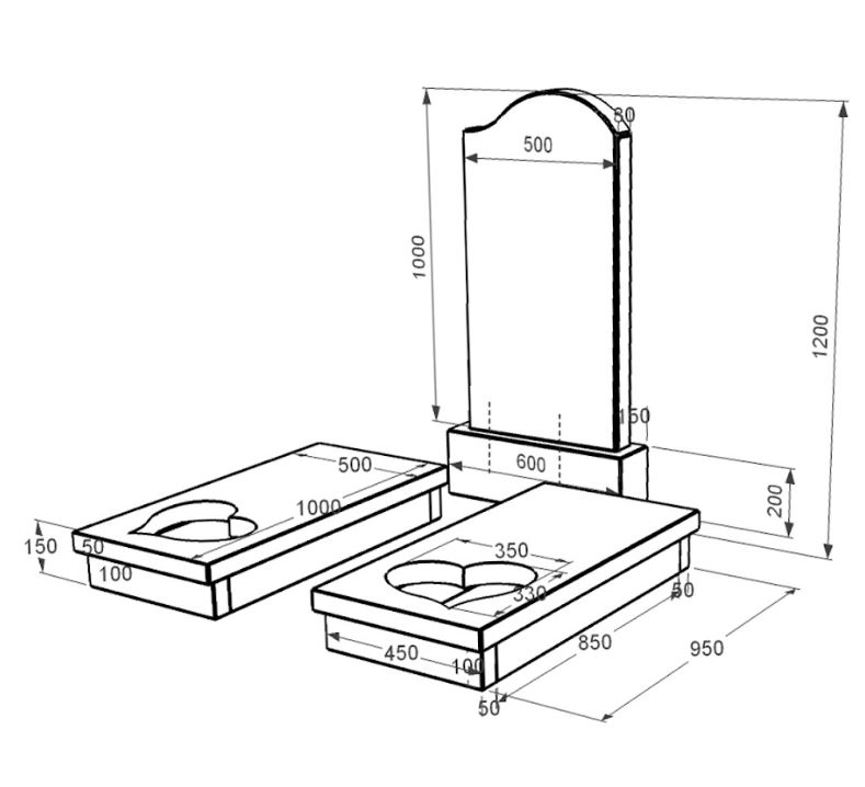Розміри Гранітний камінь на могилу з декоруванням білою галькою подвійний із чорного граніту Коростишів з хвилею різьблений к20-kor-npf-100-50-08-011-r