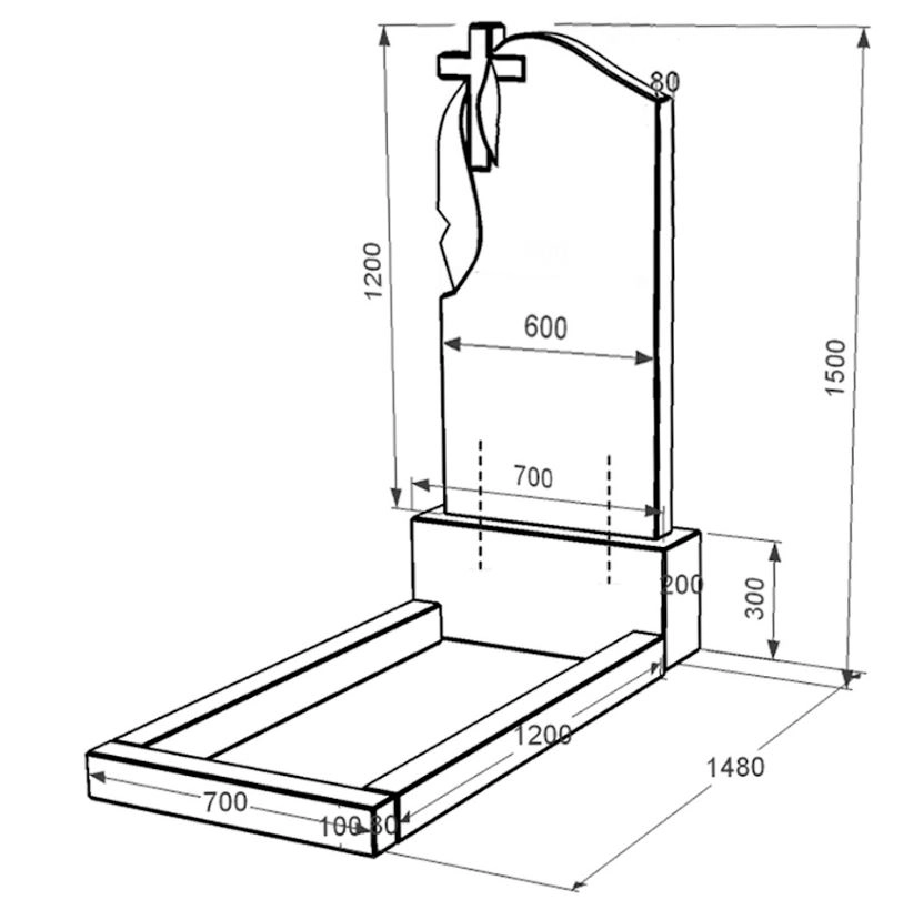 Размеры Памятник из гранита с плащаницей и крестом резной формы одинарный из черного гранита Коростышев к2-kor-pf-120-60-08-142