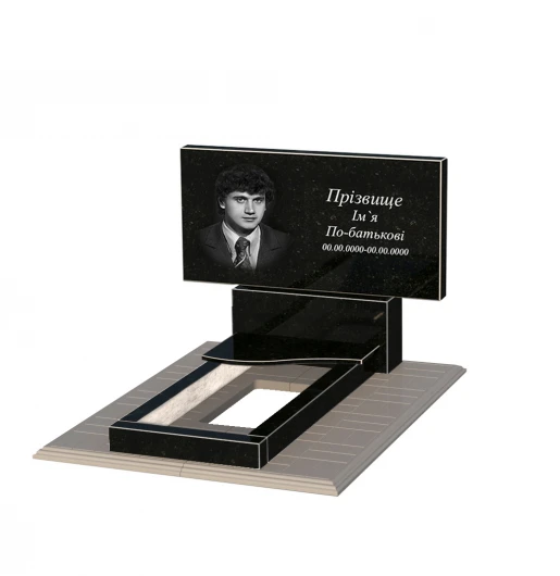 Портрет и надписи Памятник из гранита высотой 90 см одинарный из черного гранита Коростышев с волной резной к3-kor-npf-60-120-08-001-pbd3