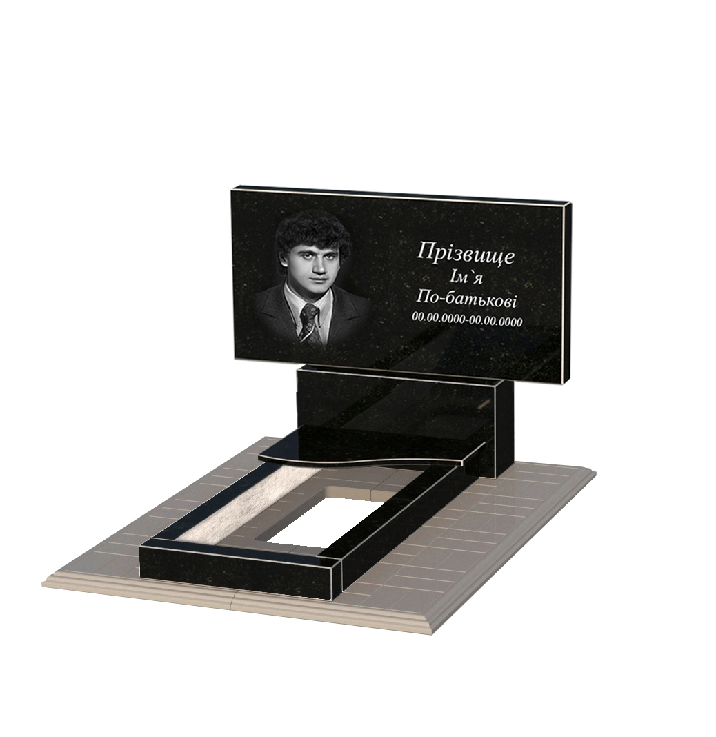 Портрет і написи Пам'ятник із граніту висотою 90 см одинарний із чорного граніту Коростишів з хвилею різьблений к3-kor-npf-60-120-08-001-pbd3