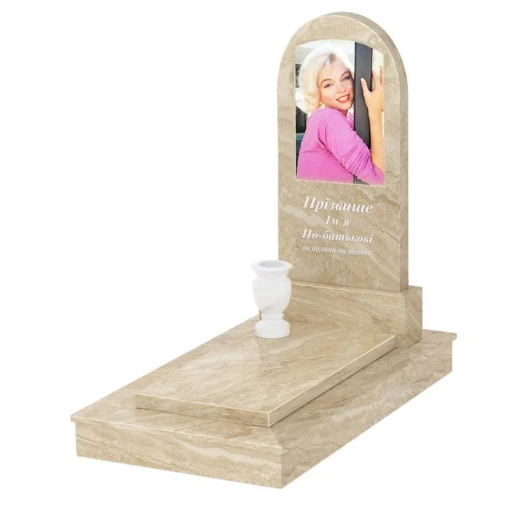 Мармуровий пам'ятник з полірованими фасками одинарний з мармуру Дайна з полукруглою стелою к7-dan-pf-100-50-08-006-ck