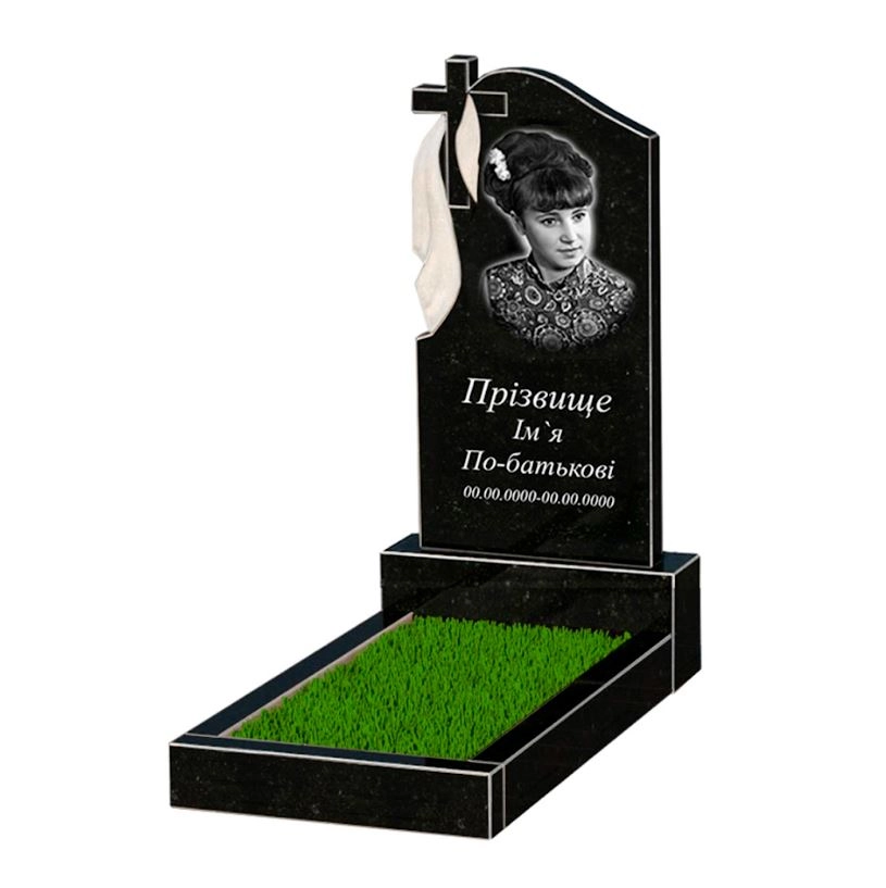 Основне Гранітний пам'ятник з хрестом різьблена робота одинарний із чорного граніту Коростишів з плащаницею різьблений к2-kor-npf-80-40-05-142