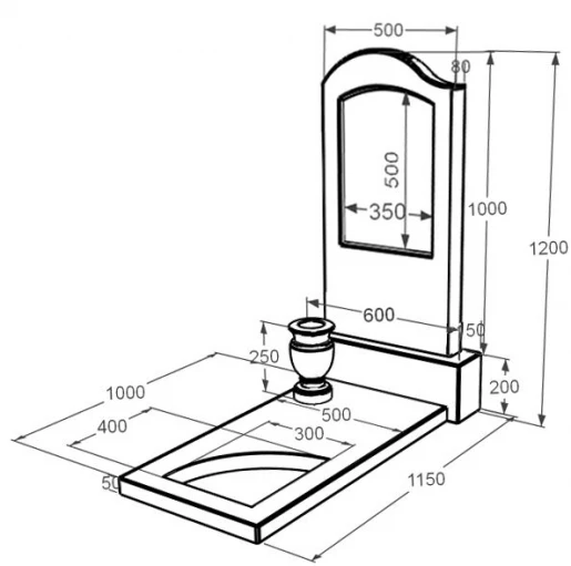 Розміри Мармуровий пам'ятник висотою 120 см одинарний з мармуру Дайна з вирізаним куточком к9-dan-pf-100-50-08-011-l