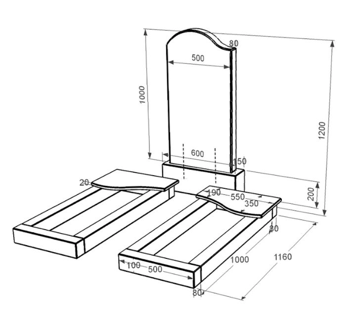 Розміри Пам'ятник із граніту з 2 надгробками подвійний із чорного граніту Коростишів з хвилею різьблений к15-kor-pf-100-50-08-011-l