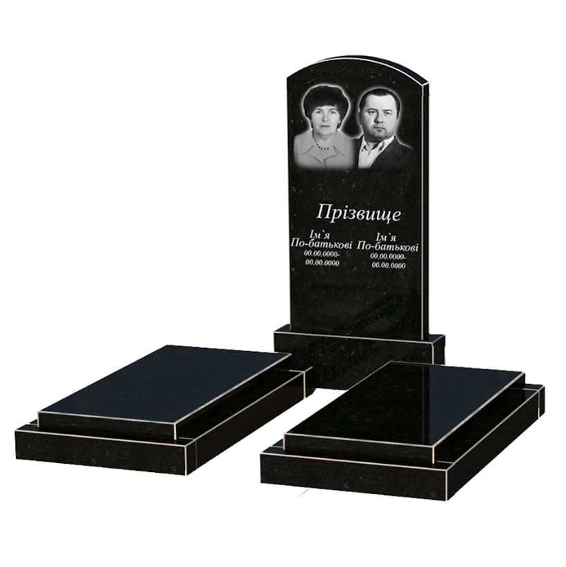 Основне Гранітний пам'ятник 120 см висотою подвійний із чорного граніту Коростишів з дугою різьблений к21-kor-npf-100-50-08-009