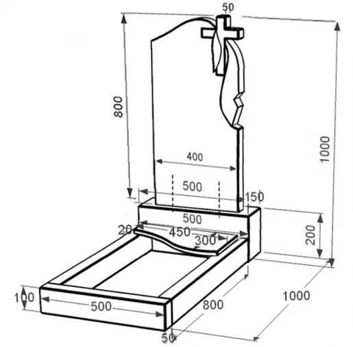 Размеры Памятник из гранита высотой 100 см одинарный из черного гранита Коростышев с волной резной к5-kor-pf-80-40-05-142-r