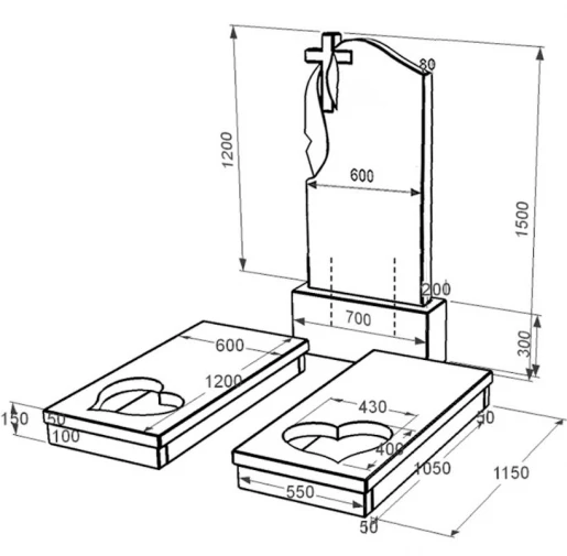 Размеры Гранитный памятник с сердцем резная работа двойной из черного гранита Коростышев к20-kor-npf-120-60-08-142