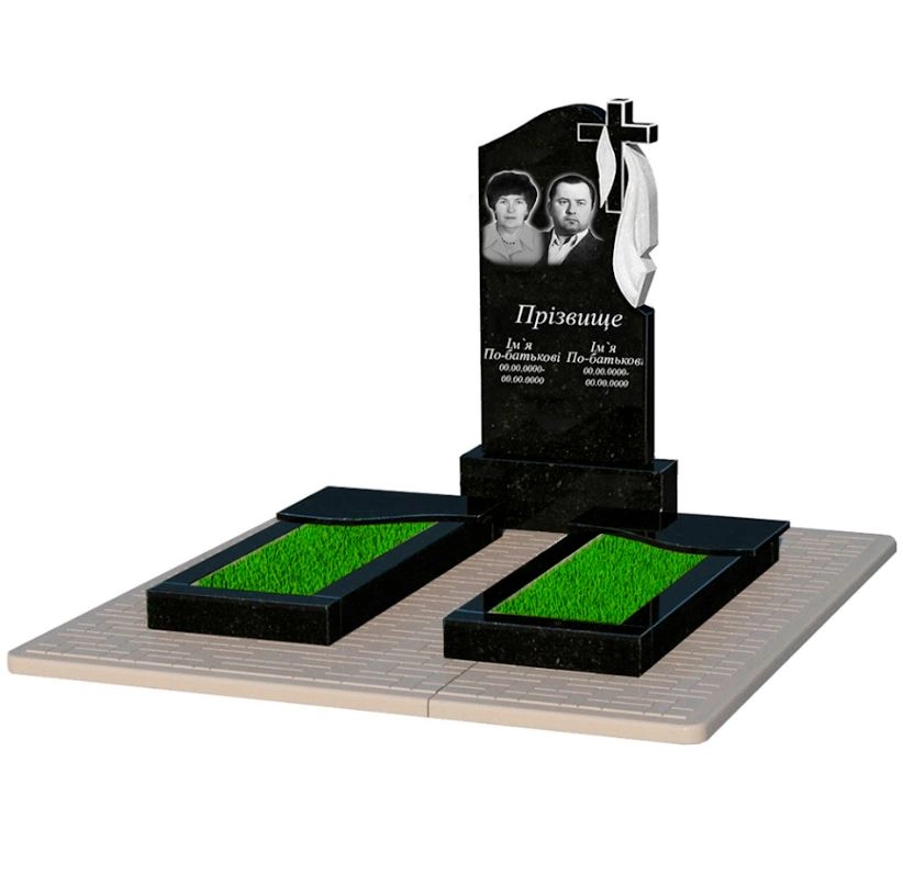 Основне Гранітний пам'ятник з протиусадковою плитою подвійний із чорного граніту Коростишів з хвилею різьблений к15-kor-pf-100-50-08-142-r-pbd2