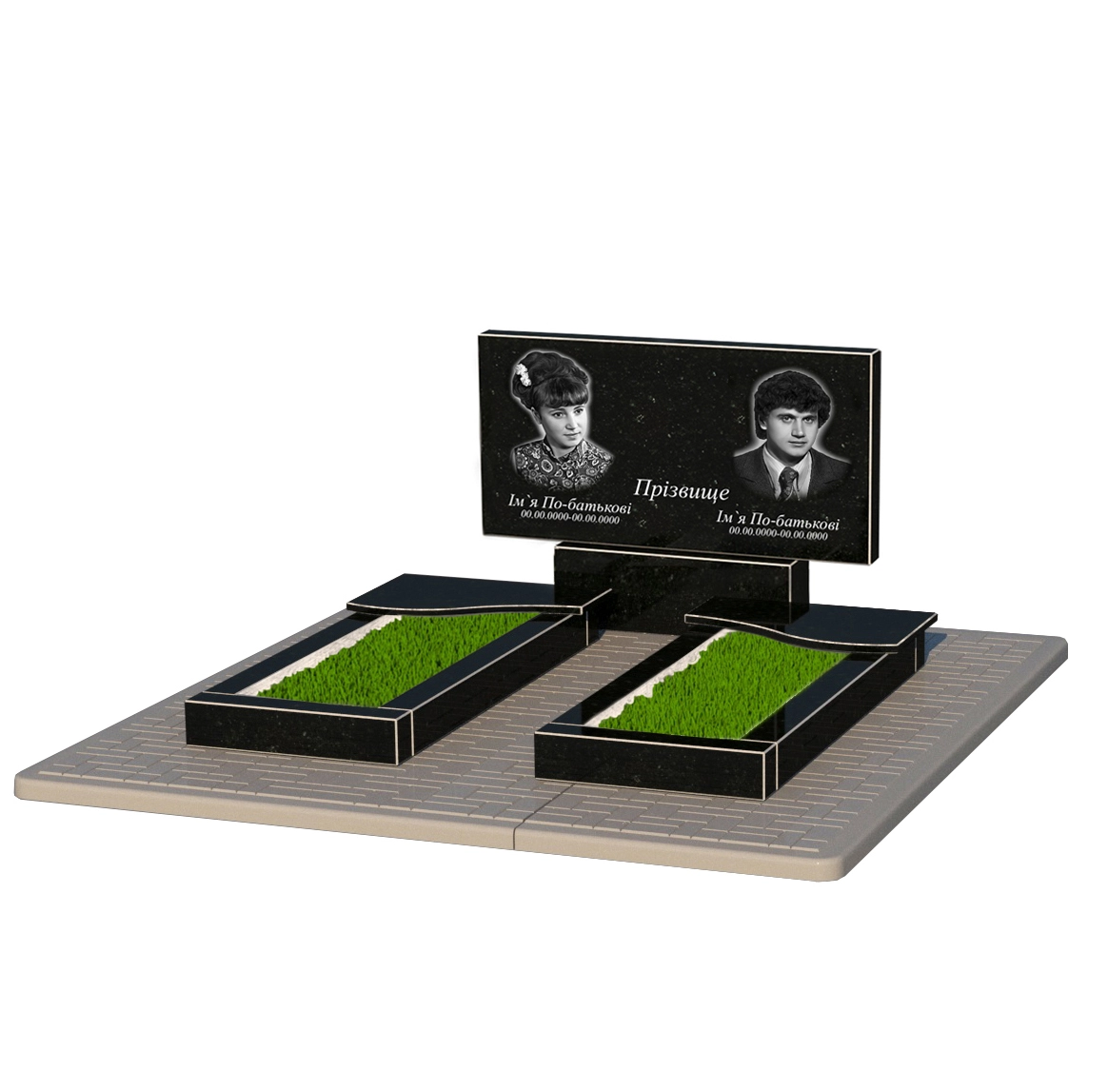Основне Гранітний пам'ятник з декоруванням штучною травою подвійний із чорного граніту Коростишів з хвилею різьблений к15-kor-npf-50-100-08-001-pbd2