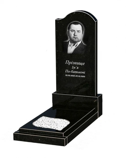 Пам'ятник із граніту з декоруванням білою галькою одинарний із чорного граніту Коростишів з хвилею та листом різьблений к13-kor-npf-120-60-08-011-r