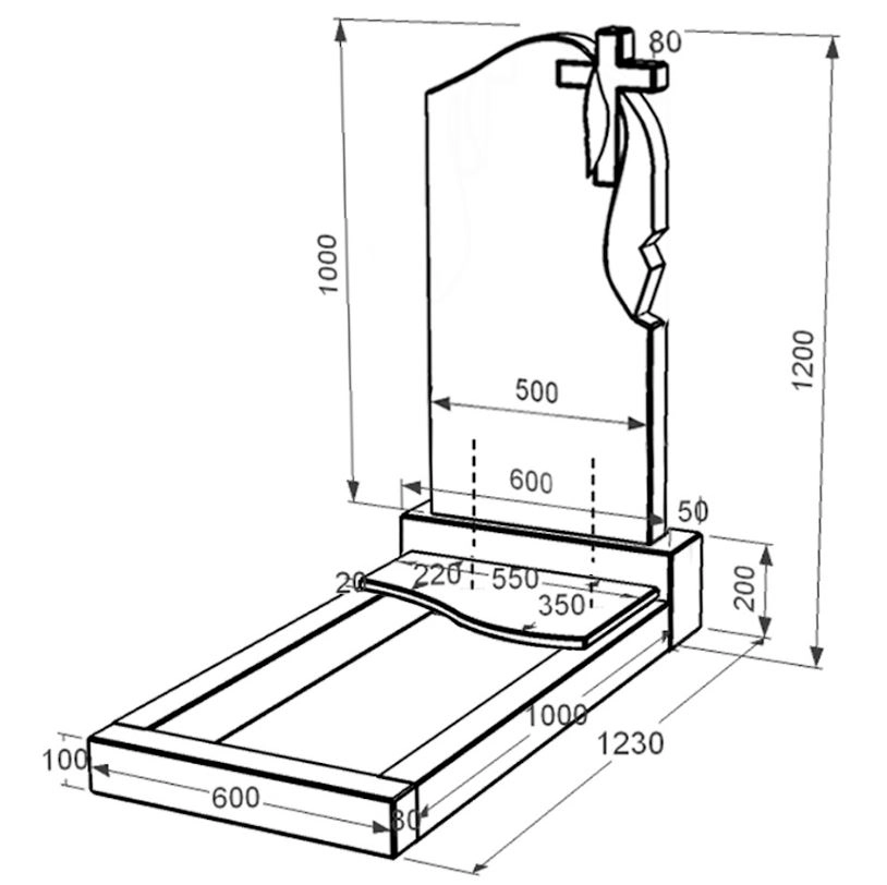 Розміри Гранітний пам'ятник з квітником одинарний із чорного граніту Коростишів з хвилею різьблений к5-kor-npf-100-50-08-142-r