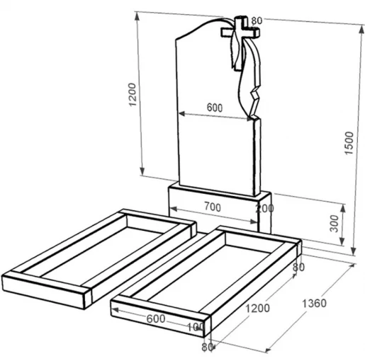 Розміри Гранітна плита на могилу висотою 150 см подвійна із чорного граніту Коростишів з хрестом та плащаницею різьблена к14-kor-npf-120-60-08-142-r