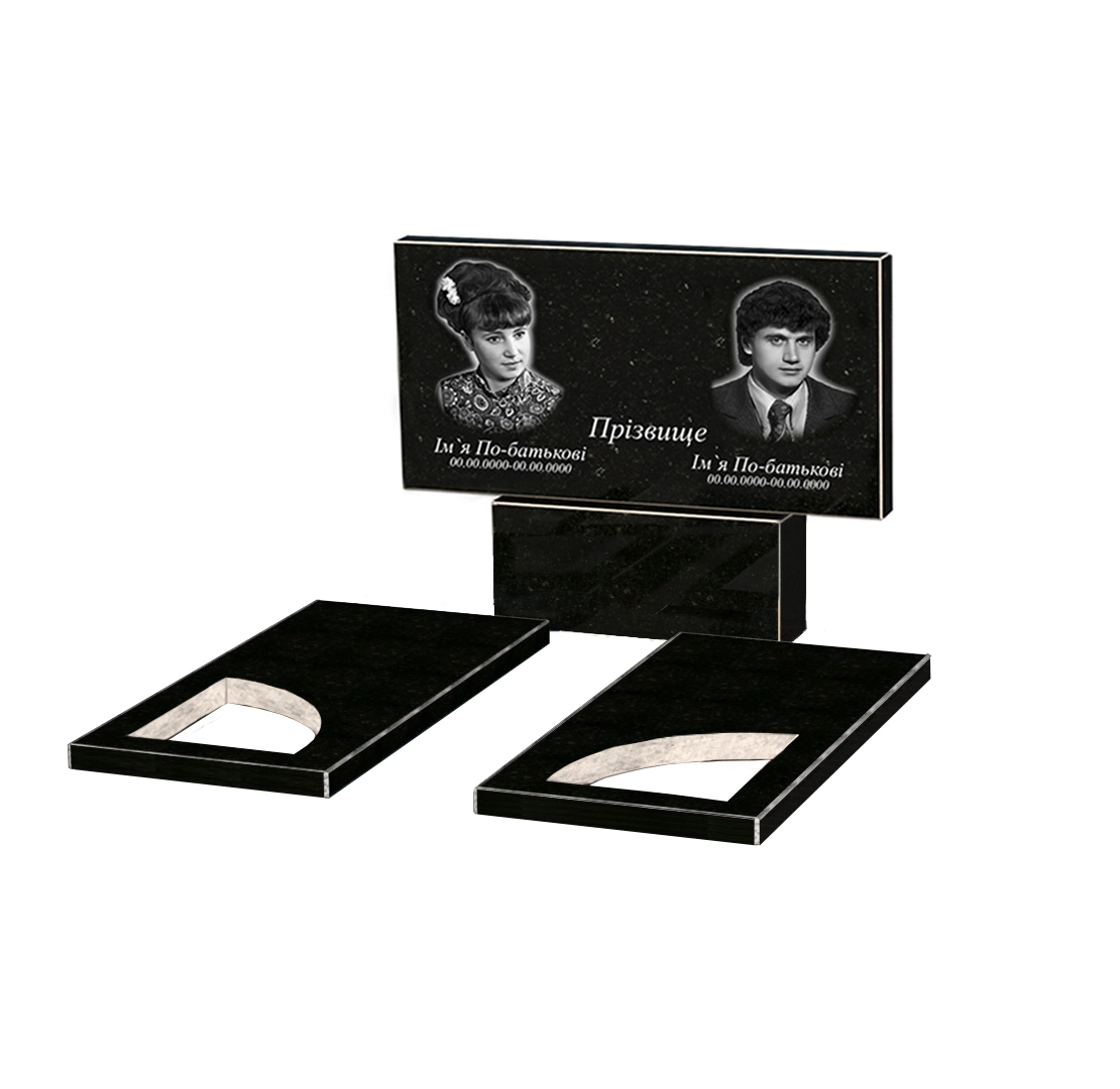 Без декора Гранитный камень на могилу габбро двойной из черного гранита Коростышев с вырезанным уголком к18-kor-npf-50-100-08-001