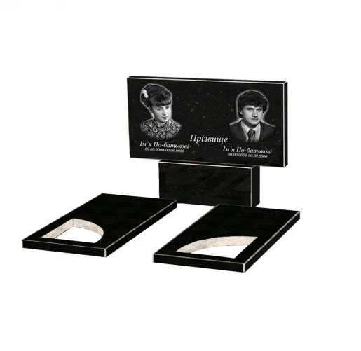 Без декора Гранитный камень на могилу габбро двойной из черного гранита Коростышев с вырезанным уголком к18-kor-npf-50-100-08-001