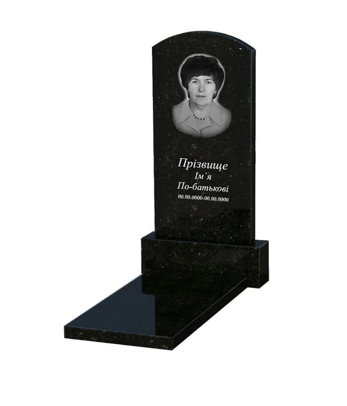 Основное Гранитный памятник на могилу полированные фаски одинарный из черного гранита Коростышев с дугой резной к7-kor-pf-100-50-08-009