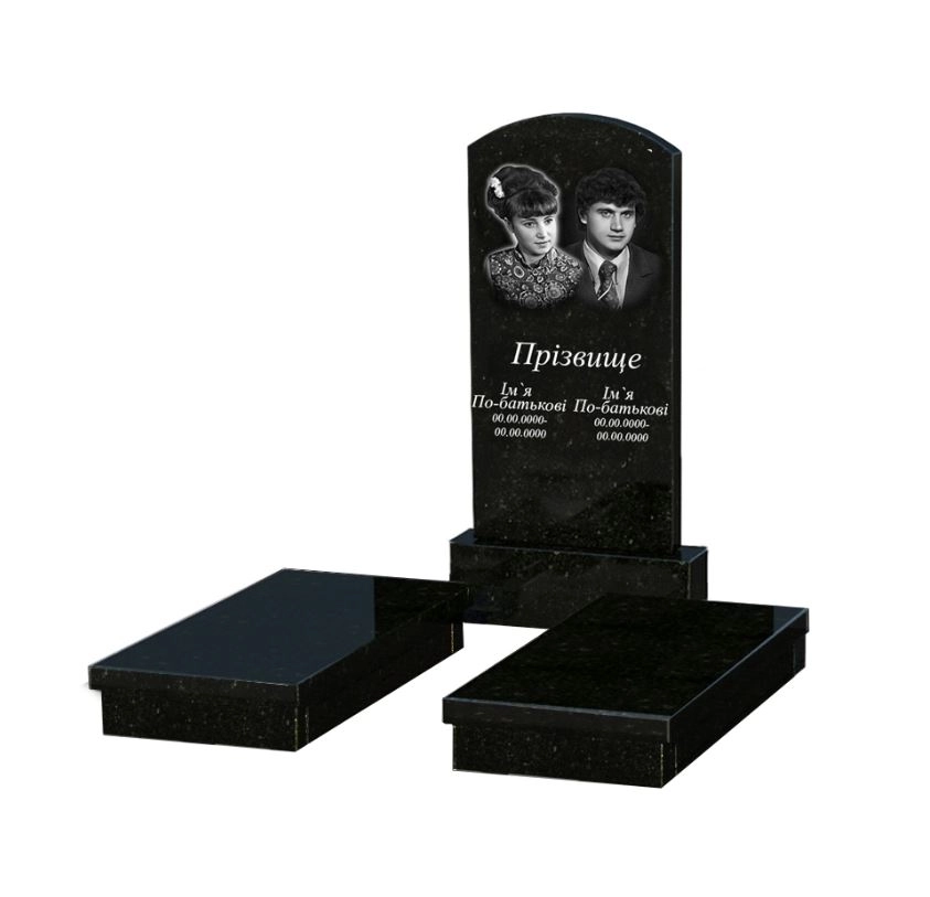Основне Подвійний пам'ятник із граніту із чорного граніту Коростишів з дугою різьблений к19-kor-pf-100-50-08-009