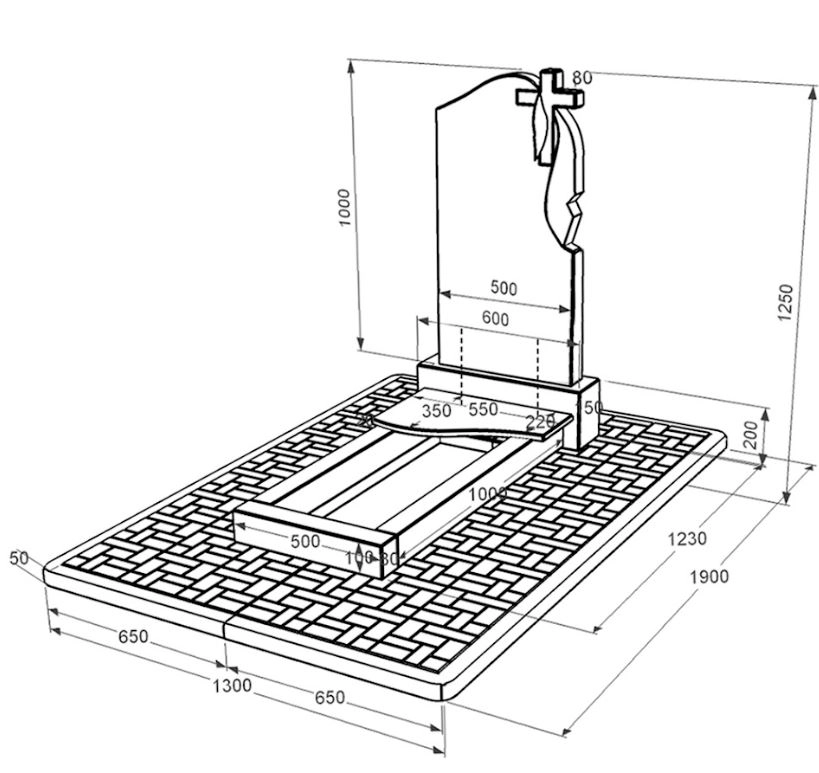 Розміри Пам'ятник із граніту з хвилею різьблений одинарний із чорного граніту Коростишів к3-kor-pf-100-50-08-142-r-pbd2