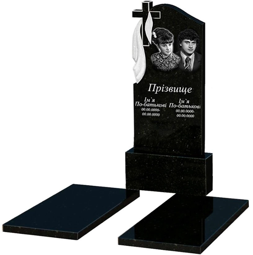 Основне Гранітний пам'ятник з хрестом та плащаницею різьблена робота подвійний із чорного граніту Коростишів к17-kor-pf-120-60-08-142