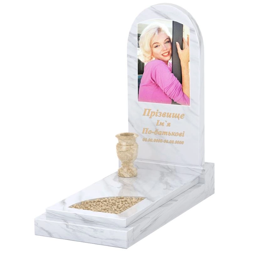 Основне Мармуровий пам'ятник для жінок одинарний з білого мармуру Волокас з вирізаним куточком з полукруглою стелою к24-vol-pf-100-50-08-006