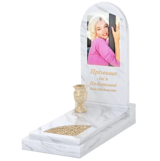 Мармуровий пам'ятник для жінок одинарний з білого мармуру Волокас з вирізаним куточком з полукруглою стелою к24-vol-pf-100-50-08-006