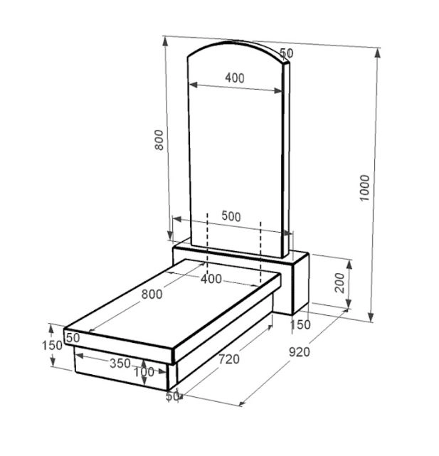 Розміри Гранітний пам'ятник дугоподібний одинарний із чорного граніту Коростишів з дугою різьблений к10-kor-npf-80-40-05-009
