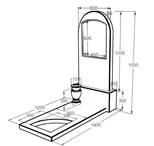 Розміри Мармуровий пам'ятник з полукруглою стелою з мармуру Дайна з вирізаним куточком к9-dan-pf-120-60-08-006