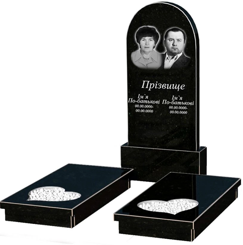 Основне Пам'ятник із граніту великий подвійний із чорного граніту Коростишів з серцем різьблена робота к20-kor-npf-120-60-08-006