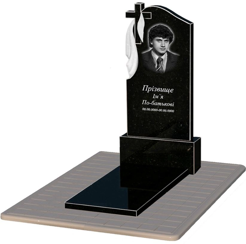 Основное Гранитный памятник с надгробной плитой одинарный из черного гранита Коростышев с крестом и плащаницей резной к7-kor-npf-120-60-08-142-pbd3