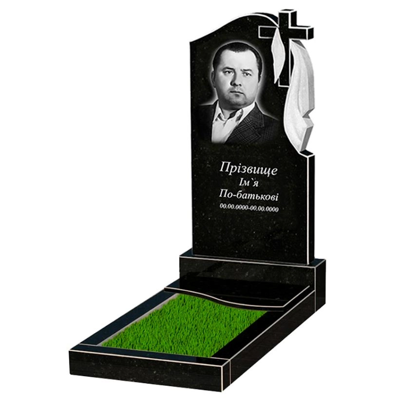 Основне Гранітний пам'ятник з квітником одинарний із чорного граніту Коростишів з хвилею різьблений к5-kor-npf-100-50-08-142-r