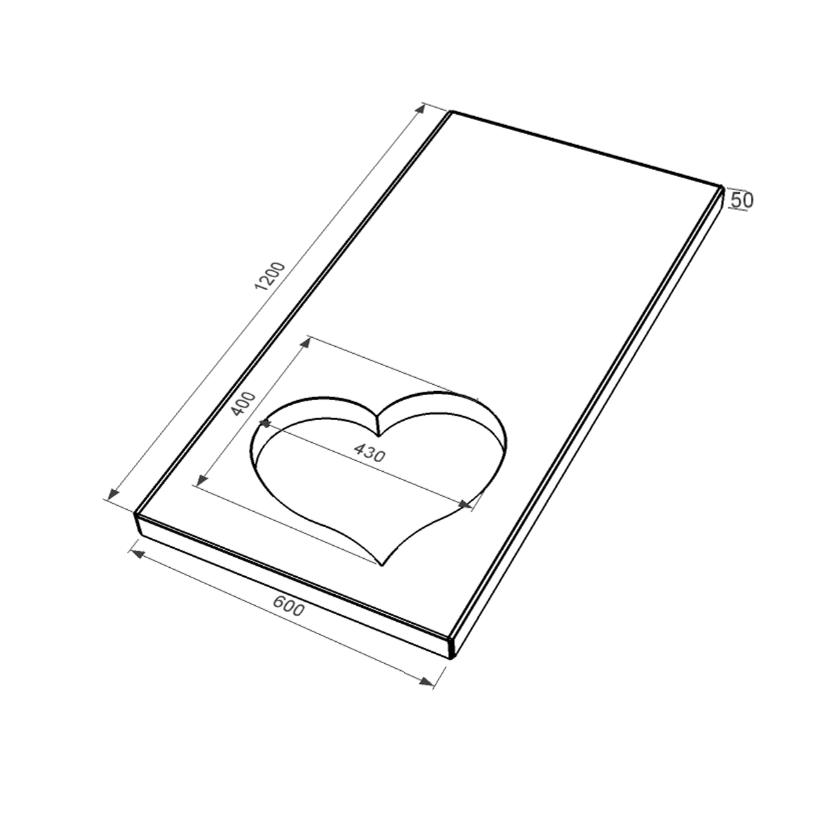 Размеры Надгробная плита широкая 1200x600x50 из гранита серия Сердце с неполированными фасками с неполированными торцами Коростышевского карьера левые pl-kor-npf-npt-120-60-05-SERCE-l